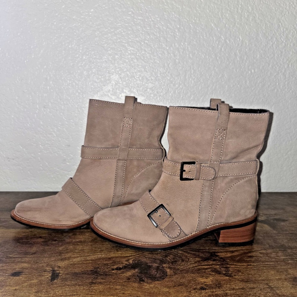Cole Haan Ankle Booties Womens 6.5 Taupe Leatherโ Double Buckle Moto Lug Sole
